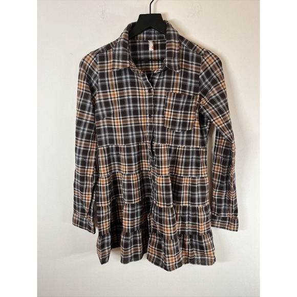 Free People Tops - Vintage 90s Free People Women's Plaid Long Sleeve Babydoll Top Brown&Black Sz 8